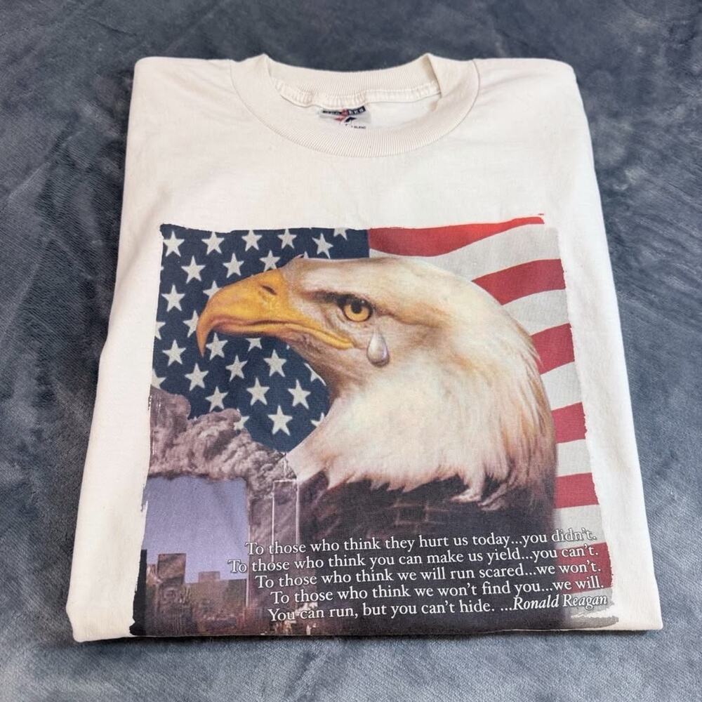 American Flag Bald Eagle Patriotic Jerzees T Shirt Sz L Mens White Graphic Tee - Picture 2 of 11
